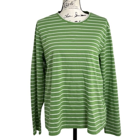 Kule Long Sleeve Top Green & White Striped Crewneck Cotton Womens Size L NEW - Picture 1 of 8